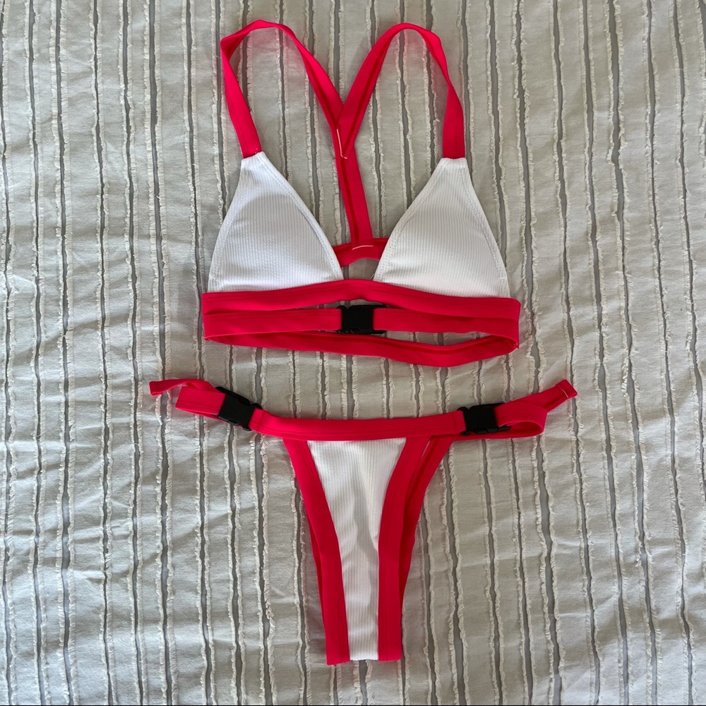 NWOT Red / Pink(ish) and White Sexy Bikini with Buckles